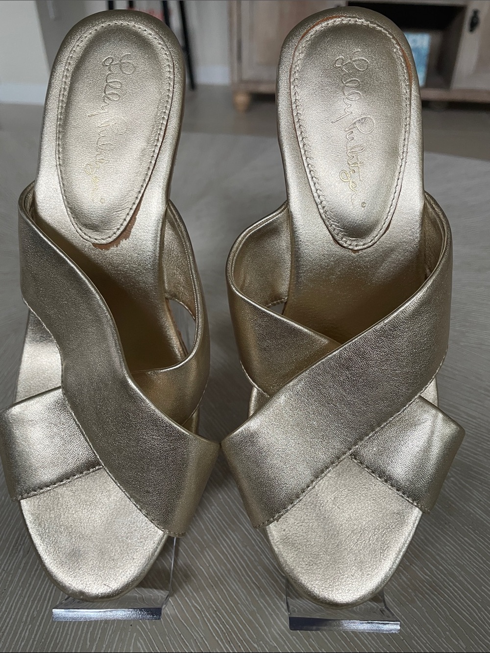 Lilly Pulitzer Metallic Gold Crisscross Slide Mules - Size 7